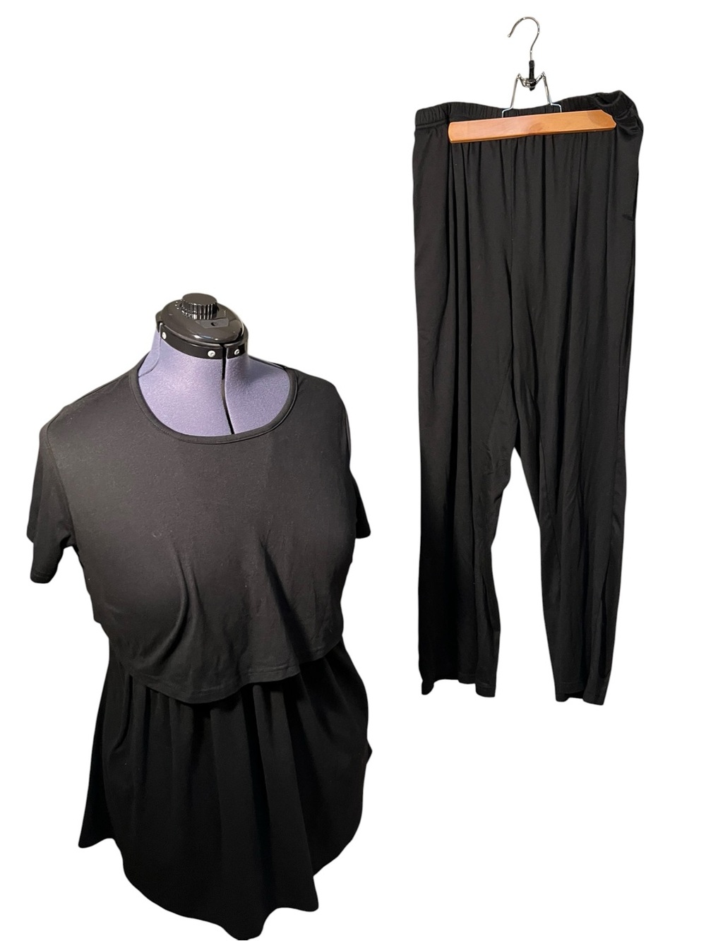 Ekouaer Women’s Sz Large Pajama Set Black Short Sleeve Crewneck Top Pull On Pant